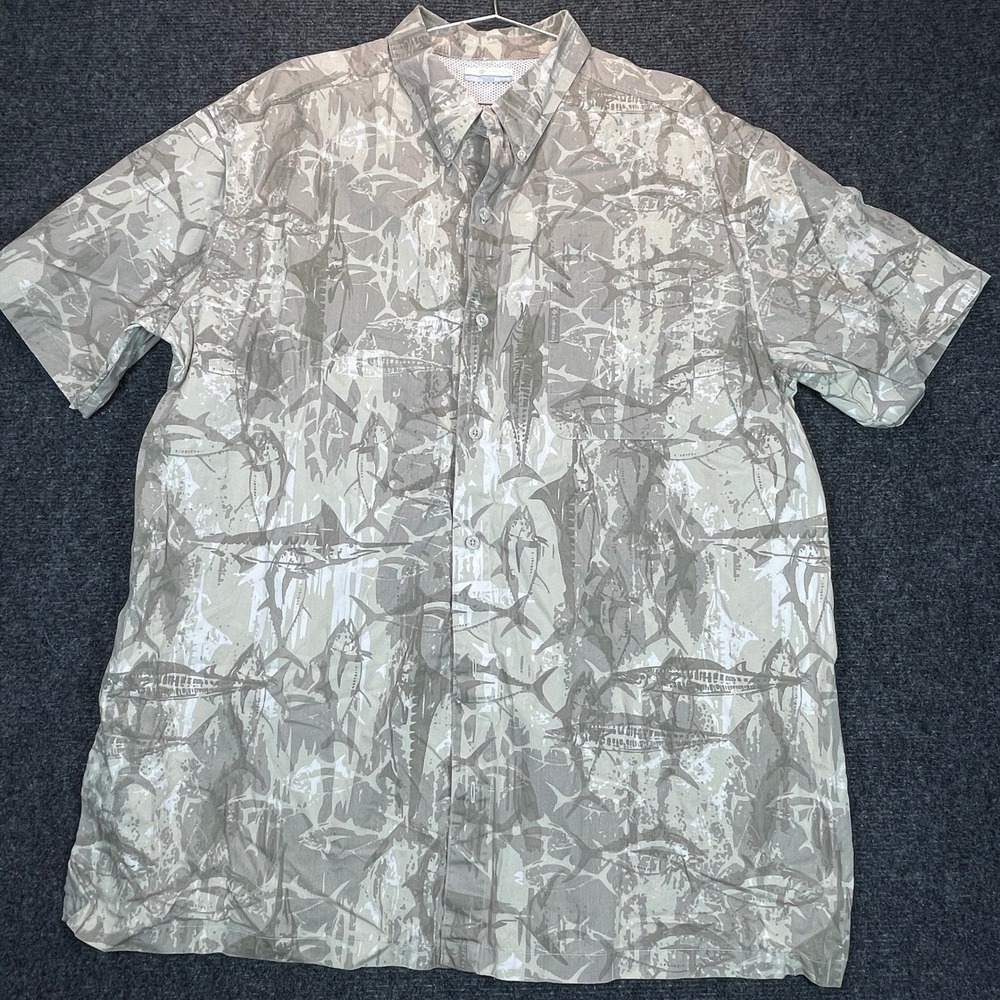 Columbia PFG Sports Fishing Shirt Mens XXL Tan Fish Print Outdoor Coastal Sea
